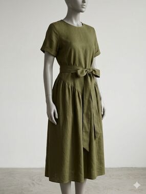 Tie-Waist Olive Midi Dress with Short Sleeves